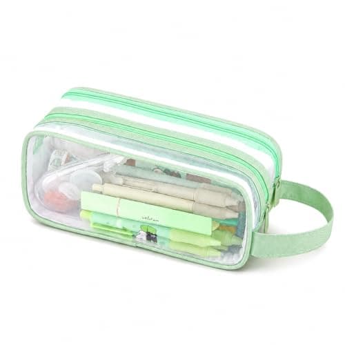 Large Clear Mesh Pencil Case, 2 Compartments, Mint Green, Carry Strap