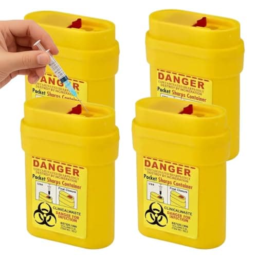 4Pcs Travel Sharps Bin Small – Portable Sharps Disposal Container for Insulin Pen Needles, Diabetic Syringes & Lancets – Compact Medical Travel Sharps Box Leakproof Design