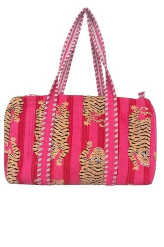 Tiger Print Quilted Cotton Weekender Bag – Handmade Travel Duffel, Gym & Yoga Bag, Lightweight Carry-On Holdall, Pink