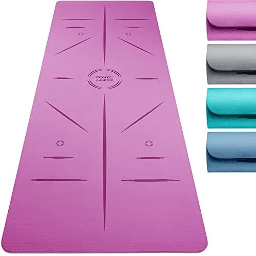 Core Balance TPE Yoga Mat with Alignment Lines 6mm Non Slip Foam Exercise Fitness with Travel Strap (Purple)