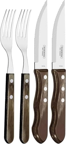 Tramontina 5” Jumbo Steak Knives, Sharp Knife with Wooden Handle, Camping, Kitchen, Rustic, Dishwasher Safe (4 Pcs Cutlery Set)