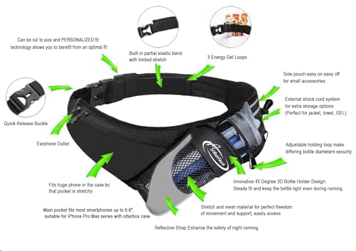 AiRunTech Running Belt with Water Bottle Holder No Bounce Hydration Belts Waist Pack Bag Fits iPhones for Runners Marathon Running Hiking Cycling (Without Bottle Hydration Belt (Black)/L — view 2
