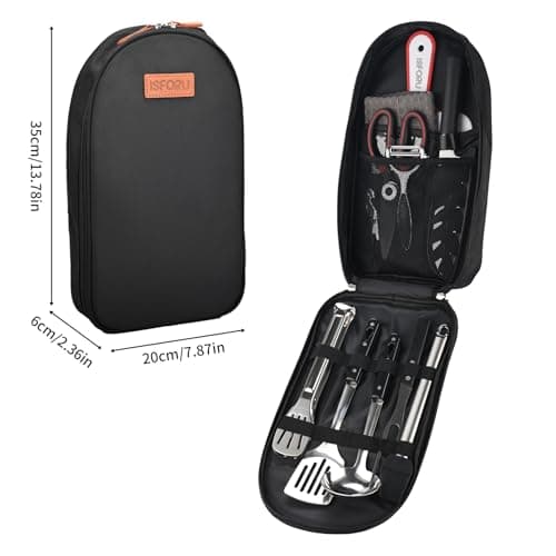 Camping Accessories Set,ISFORU 10PCS Camping Kitchen Cookware Utensil Organizer Travel Kit with Peeler, Cutting Board, Bottle Opener and Water Resistant Case for Outdoor Hiking Picnic and Trekking — view 5