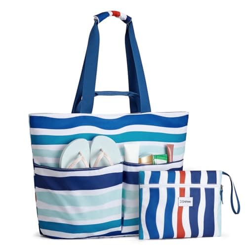 G4Free Foldable Beach Bags for Women, Sandproof Waterproof Beach Tote Bags with Double Handle, Lightweight Compartment Pool Travel, Blocked Ripples