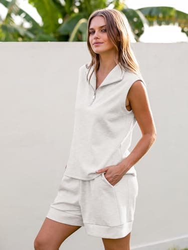 Glamaker Women's Two Piece Short Sets Summer Lounge Sweatsuits Air Essentials Sleeveless Outfits Travel Tracksuit, Light Grey, XL — view 3