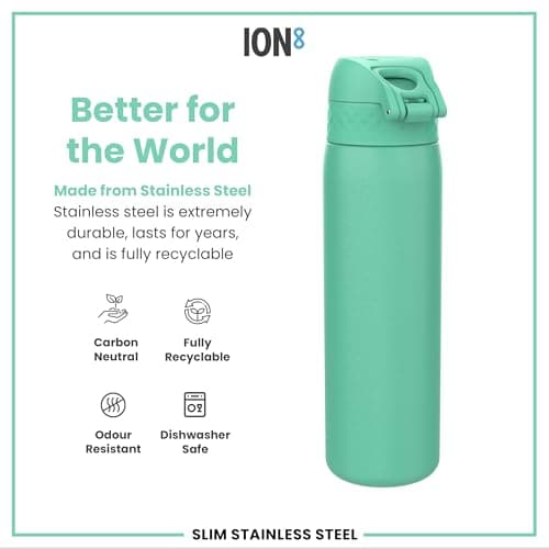 Ion8 Lightweight Steel Water Bottle, 600 ml/20 oz, Non-Insulated, Leak Proof, Easy to Open, Secure Lock, Dishwasher Safe, Flip Cover, Fits Cup Holders, Carry Handle, Metal Water Bottle, Teal Green — view 6