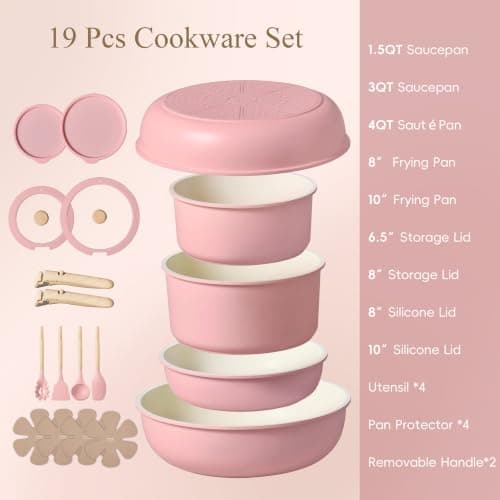 CAROTE 19pcs Pots and Pans Set Non Stick, Detachable Handle Cookware, Pink — view 2