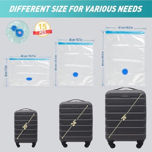 GQC 15 Pack Travel Vacuum Storage Bags for Luggage, Reusable Space Saver Bags for Clothes and Clothing Organisation, 4 (64x47cm) 3 (54x40cm) 8(40x30cm) — view 2