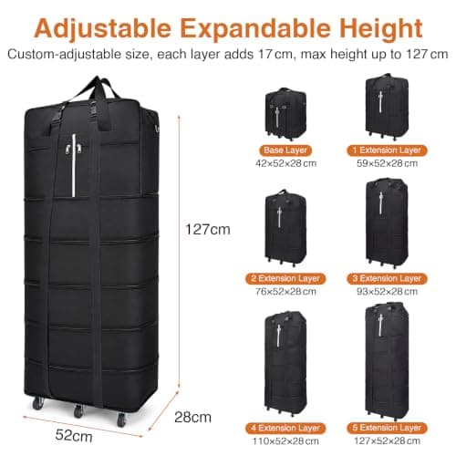 Foldable Rolling Duffel Bag with 6 Wheels, 61-185L Expandable Large Suitcase, Waterproof Collapsible Luggage, Suitcase Collapsible Rolling Travel Duffle Bag for Camping, Holiday, Black — view 5