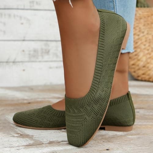 Women's Ballet Flats, Slip On Dressy Knit Flats Lightweight Breathable Round Toe Shoes Wide Toe Box for Women with Arch Support, Comfortable Travel Work Business Office Shoes Size 7 Green — view 3