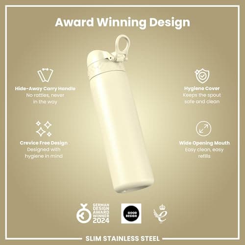 Ion8 Lightweight Steel Water Bottle, 600 ml/20 oz, Non-Insulated, Leak Proof, Easy to Open, Secure Lock, Dishwasher Safe, Flip Cover, Fits Cup Holders, Carry Handle, Metal Water Bottle, Creamy White — view 6