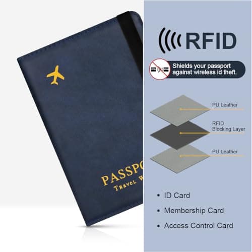 AOOSU Airtag Wallet Passport Holder Cover, PU Leather Passport Cover with RFID Blocking Travel Wallet, Portable Universal Travel Wallets Case Organiser for Money, Boarding Passes, Cards Navy Blue — view 5