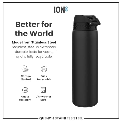 Ion8 Lightweight 1 Litre Steel Water Bottle, Non-Insulated, Leak Proof, Easy to Open, Secure Lock, Dishwasher Safe, Flip Cover, Carry Handle, Ideal for Travel & Active Lifestyles, Black — view 6