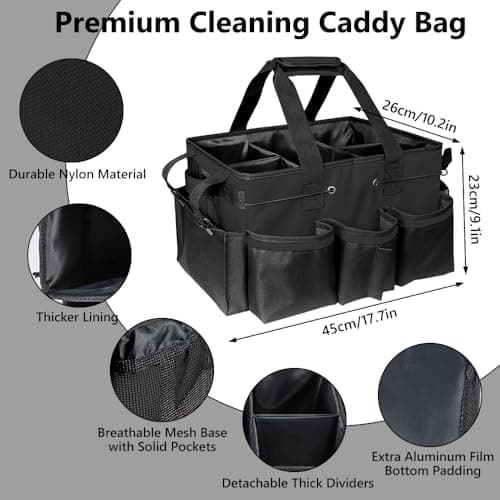 Jonuin Cleaning Caddy with Handle, Professional Cleaning Bag with Detachable Divide, Adjustable Shoulder Strap & Waist Belt, Large Cleaning Caddy for Cleaning Supplies, Home, Car, Garden, Craf (Black) — view 3
