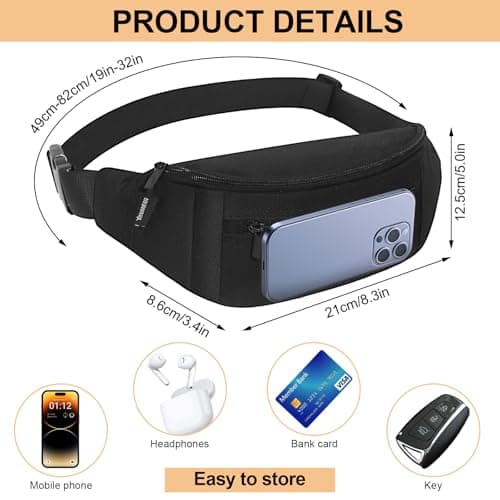 Bum Bag for Men Women, Waist Bag with Multiple Zipped Pockets and Adjustable Belt, Lightweight Fanny Pack for Running, Walking, Hiking, Travel, Festivals and Outdoor Sports, Black — view 4