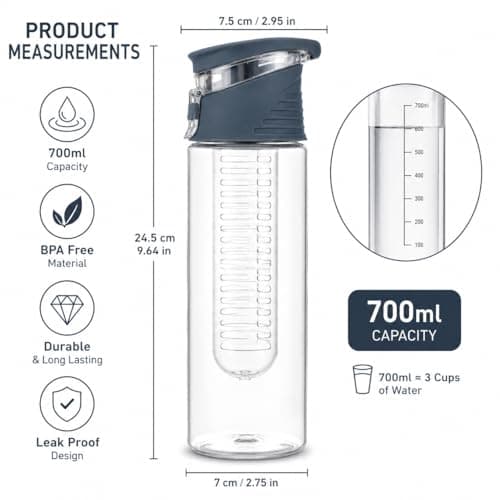 ZHOME Water Bottle Fruit Infuser 700ml BPA Free Tritan Sports Bottle with Flip Top Leak Proof Lid Reusable Infused Water Bottle for Gym Fitness Detox Hydration Office School Travel Outdoor Use (BLUE) — view 3
