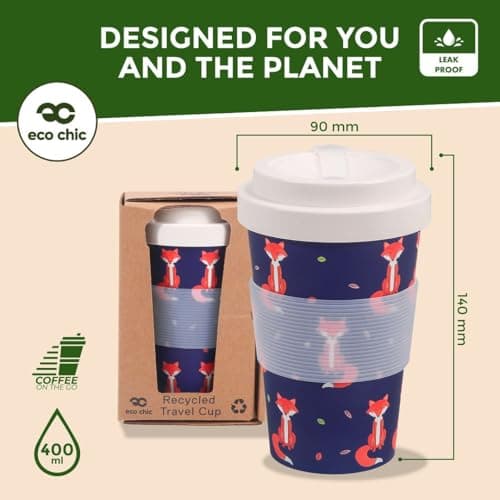 ECO CHIC Recycled Travel Coffee Cup 400ml Microwave Dishwasher Safe Plastic Travel Mug (Foxes Navy) — view 3