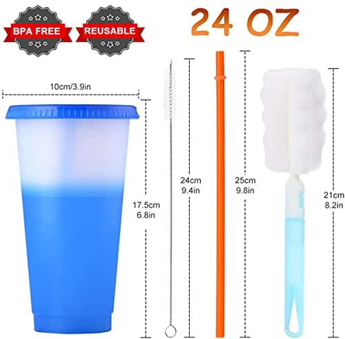 CUJIM Reusable Color Changing Cup - 5 Pack 24oz Travel Iced Coffee Mug Tumbler with Straw Lid,Plastic Smoothie Milkshake Bottle Magic Cold Drink Party Water Cups & Go Cup for Kids Adults — view 6
