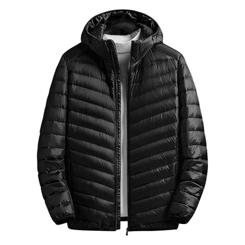 Men's Ultra Lightweight Packable Down Jacket - Hooded Slim Fit Vertical Quilt, Water-Resistant Travel-Friendly, Winter Warm Padded Outdoor Outerwear