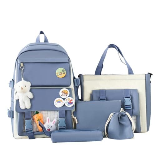 5 in 1 Backpack Set for Teen Girls, Large Capacity Water Resistant School Rucksack with Tote Tutoring Bags Crossbody Bag, Pencil Case, Bear Pendant & Cartoon Badge Accessories, Casual Travel Daypack