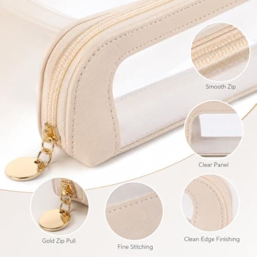 Small Clear Makeup Bag, PU Leather Travel Makeup Brush Case | Portable Transparent Waterproof Cosmetic Organizer Pouch with Zipper for Women Home Travel Office Cosmetic Storage (White) — view 2