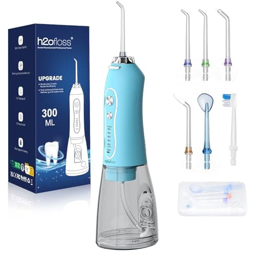 H2ofloss Cordless Portable Water Dental Flosser, 5 Mode IPX7 Waterproof Oral Irrigator, 300ML Rechargeable WaterFlosser for Teeth Cleaning - Sky Blue