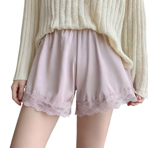 2026 Women's lace Trim and Satin Polyester Fabric Sleep Shorts, for Sleepwear, Home Evenings Travel Nights, Easy to Match with tees, Tanks, Sandals or Trainers Colour Pink Size M