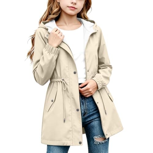 Beige Girls Waterproof Jacket Windproof Hooded Raincoat Outdoor 11 Years
