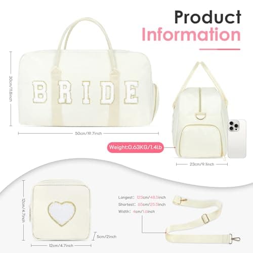 Bride Bag Bridal Shower Gifts 2 Pcs Wedding Weekender Tote Groom Duffel Chenille Letter Bag with Shoes Compartment Bachelorette Gifts for Bride to Be (White, Bride) — view 4