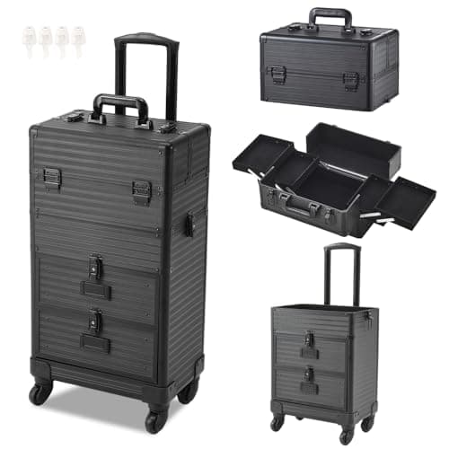 Warmiehomy Makeup Case 4-in-1 Tall Vanity Case Makeup Trolley Professional Beauty Trolley on Wheels Large Makeup Organizer Suitcase Cosmetic Storage Box 2 Drawers for Women 36x23x62cm(Black)