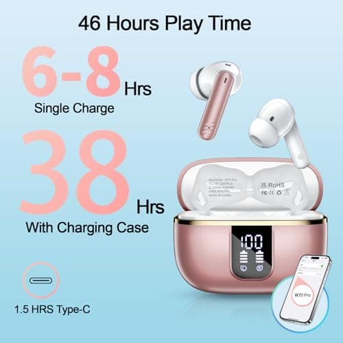 2026 New Wireless Earbuds, Bluetooth 5.4 Headphones In Ear with Noise Cancelling Mic, 46H Headphones with 3D Bass Stereo Sound, Ultralight, USB-C LED, Waterproof IPX7 Earphones for Android iOS. Pink — view 5