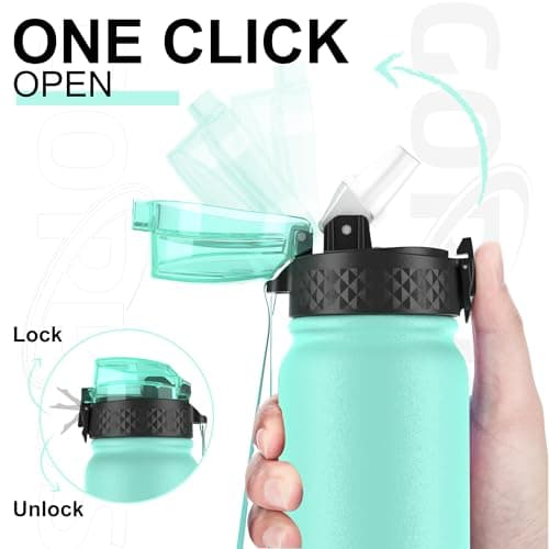 GOPPUS 600ml/20oz Stainless Water Bottle with Straw Double Wall Insulated Bottles with Strap One Hand Open Vacuum Thermal Flask with Flip Top Lid Leakproof Keep Cold Drinks BPA Free (Mint Green) — view 2