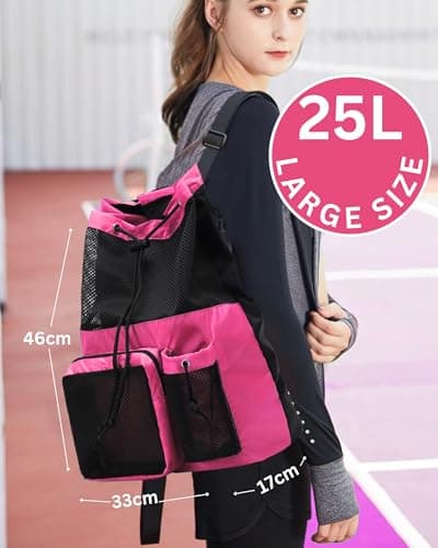 JIMJOOS Drawstring Mesh Swimming Bag - 25L Waterproof Swim Bag with Wet/Dry Compartment, Multifunctional Sports Backpack for Kids, Adults, Swimming, Surfing, Beach, Gym (PINK) — view 5