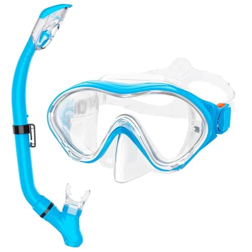 Snorkeling Gear for Kids with Foldable Silicone Full Dry Snorkel, Kids Snorkel Set Anti Leak Youth Junior Snorkeling Package Diving Mask Soft Tube with Mesh Bag Swimming Goggles, Sky Blue