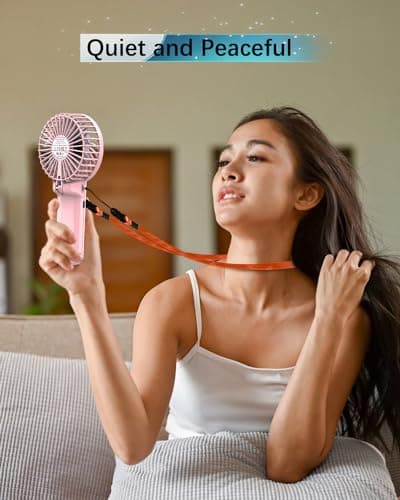 2 Pack Portable Fan Handheld Fan with Neck Lanyard, Battery Operated Electric Powered USB Rechargeable Fans, 6-15H Cooling, 180° Foldable 4 Quiet Speeds Mini Fans for Travel Outdoor Home Office, Pink — view 5