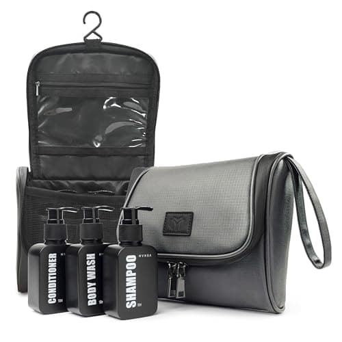 Wash Bag for Men, Hanging Toiletry Bag - Men's Travel Wash Bag with Refillble Shampoo Bottles, Compact Toiletry Organiser | Water Resistant Dopp Kit, Travel Essentials, Gifts for Men (Grey)