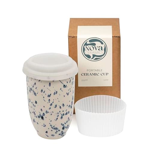 NOVA CERAMICS Travel Mug - Travel Size Mug – Reusable Coffee Mug Unique to Go Mug – Microwave & Dishwasher Safe Coffee White & Blue Tumbler - Gifts for Women Men Him Her – 355ml – Orchid