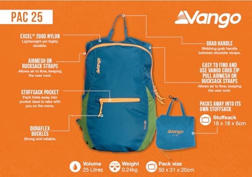 Vango Pac 25L Hiking Backpack Foldable Small Rucksack Lightweight Mini Daysac for Camping Travel Outdoor — view 3