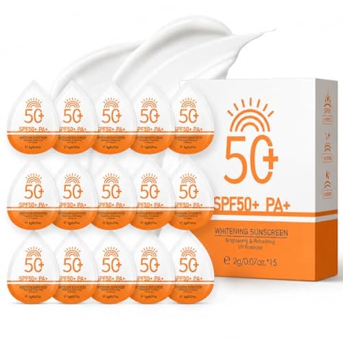15 Pcs Sunscreen SPF 50+, Travel Size Sunscreen Without White Cast, Mini Sun Cream for Face & Body, Waterproof & Non-Greasy Sun Protection, Lightweight UV Protection for Daily Holiday Travel, 2g/pack