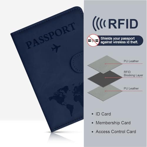 OFFCUP Passport Holder Cover, PU Leather Passport Cover and Luggage Tag Set with RFID Blocking Travel Wallet, Universal Travel Wallet Case Organiser for Money, Boarding Passes, Credit Cards Dark Blue — view 5