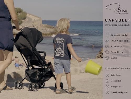 Roma Capsule 3 Approved Travel Stroller – Ultra-Lightweight Cabin Buggy fits Aeroplane Overhead Lockers – One-Hand Fold, Magnetic Buckle & Lie-Flat Seat from Birth to 15kg – Jet Black — view 2