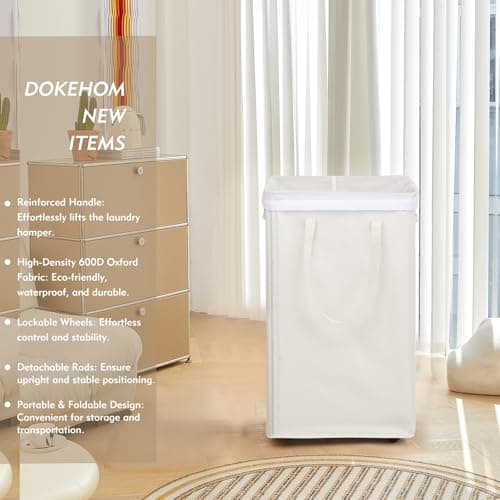 DOKEHOM 90L X-Large Rolling Laundry Basket Hamper on Wheels, Beige — view 2