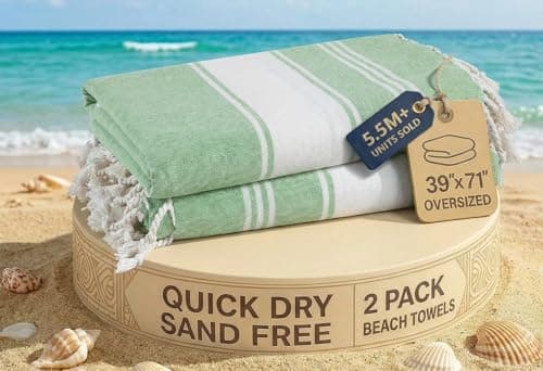 LANE LINEN Turkish Beach Towels, 2 Pack Extra Large Beach Towel, Pre-Washed for Soft Feel, Cotton Rich Oversized Sand Free Quick-Dry Pool Towel, Beach Towels For Adults,39"x71" - Jade Green