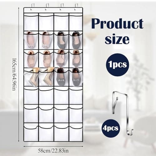 EVTHUR Over Door Shoe Storage Organiser 28 Large Mesh Pockets Hanging Shoe Rack Holder with 4 Hooks, Back of Wardrobe Door Storage Tidy for Shoes & Small Items (White) — view 2