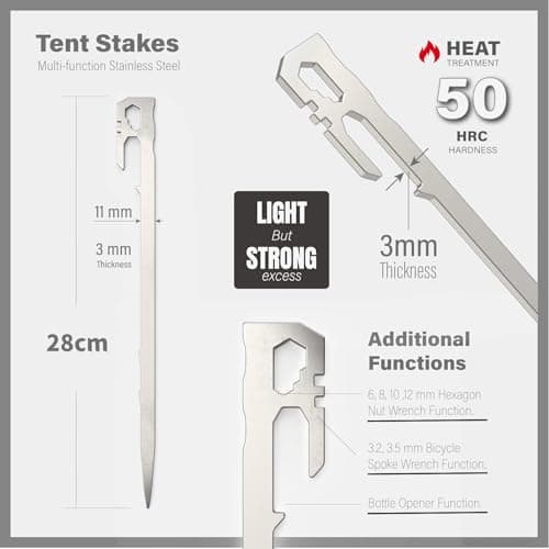 LATERN 6Pcs Heavy Duty Tent Pegs, 28CM Stainless Steel Camping Tent Stakes Multifunction Ground Stakes with Hook and Hole for Outdoor Trip Hiking Gardening Large Hard Ground Rocky (With a Carabiner) — view 2