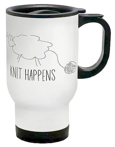 Shopagift Funny Knit Happens Travel Mug Sheep with Wool Yarn Gift Stainless Steel 14oz Cup