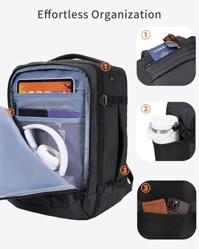 ECOHUB Ryanair Cabin Bags 40x30x20, Underseat Travel Bag with 9 Pockets, Recycled PET Eco Friendly Hand Luggage Backpack, Lightweight Rucksack for Women & Men, Carry on Bag with USB Port, 20L, Black — view 3