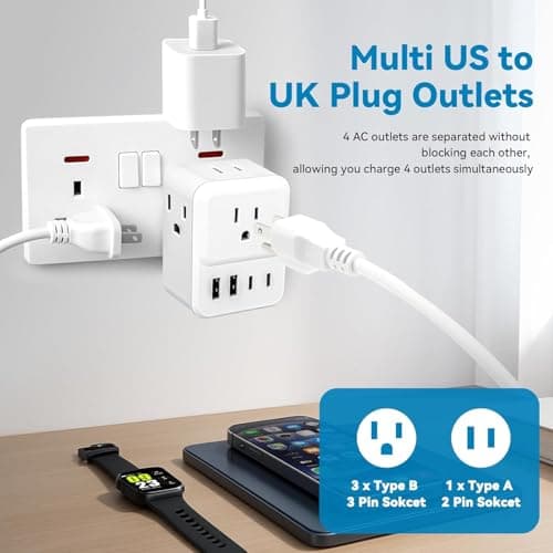 US to UK Plug Adapter,4 Way USA to UK Travel Adaptor with 4 USB(2 USB C) — view 4