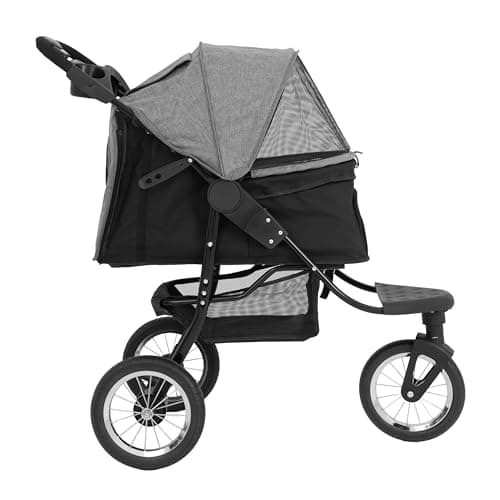 Foldable Pet Jogger Grey Travel Stroller Small Medium Dog Cat Pushchair 22kg Capacity Pram Buggy Carrier 3 Tubeless Wheels Brakes Leashes Canopy Mesh Windows Basket Cup Holders Caddy Bag Rain Cover — view 3
