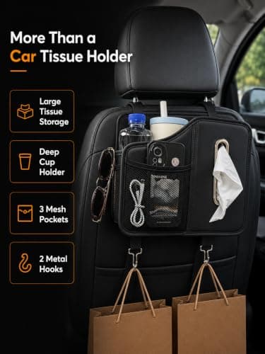Car Tissue Holder for Back Seat, Premium Back Seat Organizer with Cup Holder & Storage Pockets, Carbon Fiber Look Headrest Tissue Box Holder for Kids, Road Trips, SUV, Truck （Black） — view 2